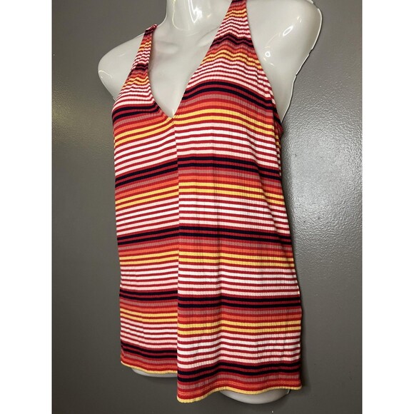 Express Shirt Womens Large Red Orange Stripe Ribbed V Neck Tank Top Summer - Picture 3 of 7